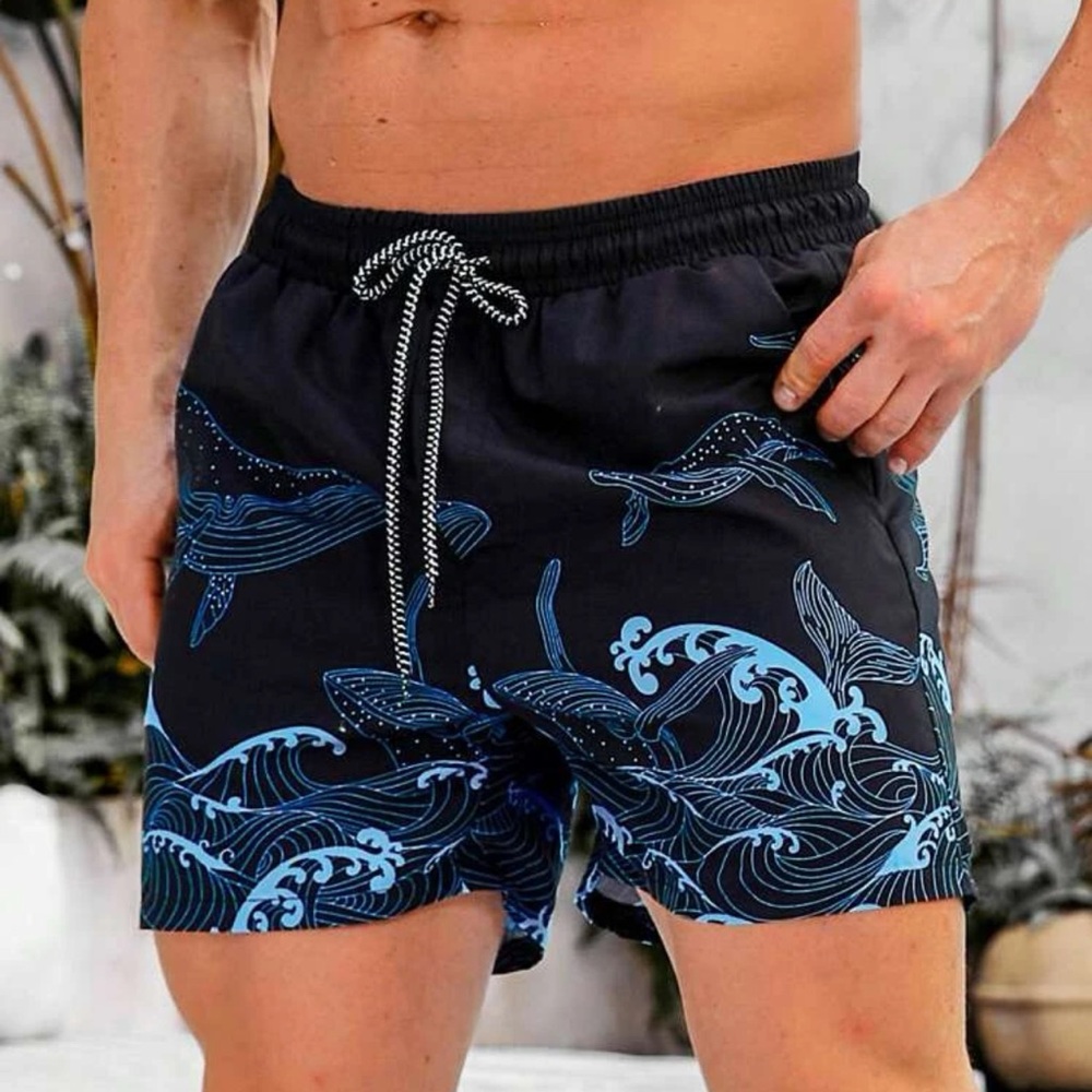 Manfinity Swimmode Men Wave Print Drawstring Waist Swim Trunks